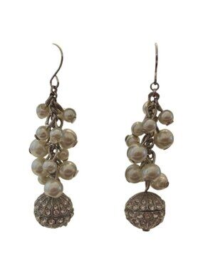 Vintage Faux Pearl Cluster Earrings Rhinestone Ball Silver Dangle Bridal Glam